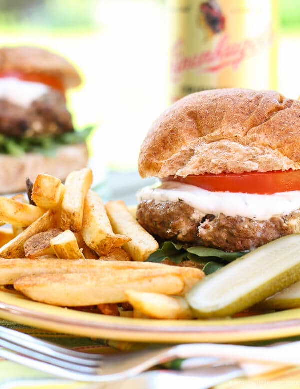 Lamb Burgers with Goat Cheese and Tzatziki Garnish with Lemon