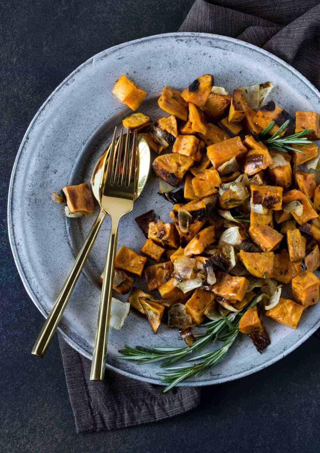 Rosemary Roasted Sweet Potatoes and Onions recipe - Garnish with Lemon