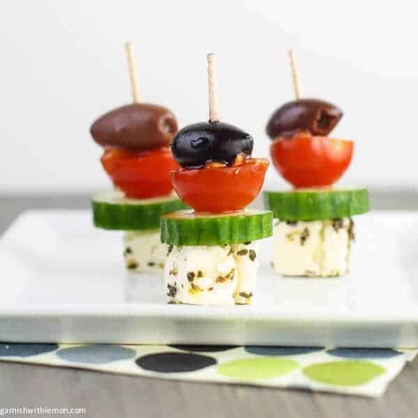 Greek Salad Skewers Garnish with Lemon