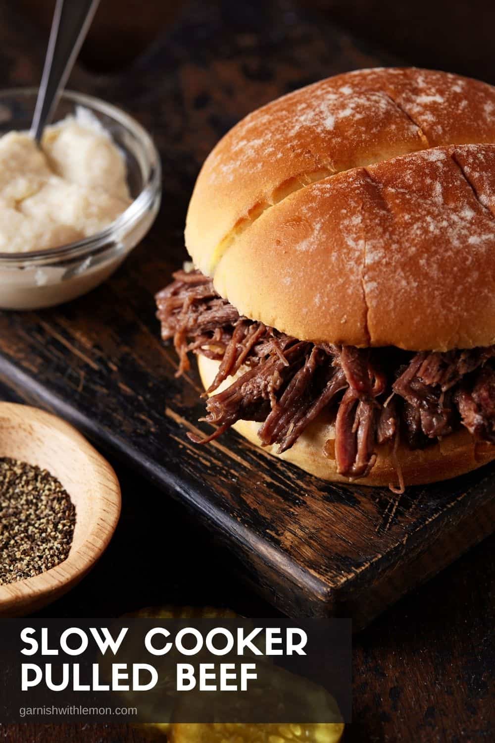 Pulled Beef with horseradish sauce on a bun.