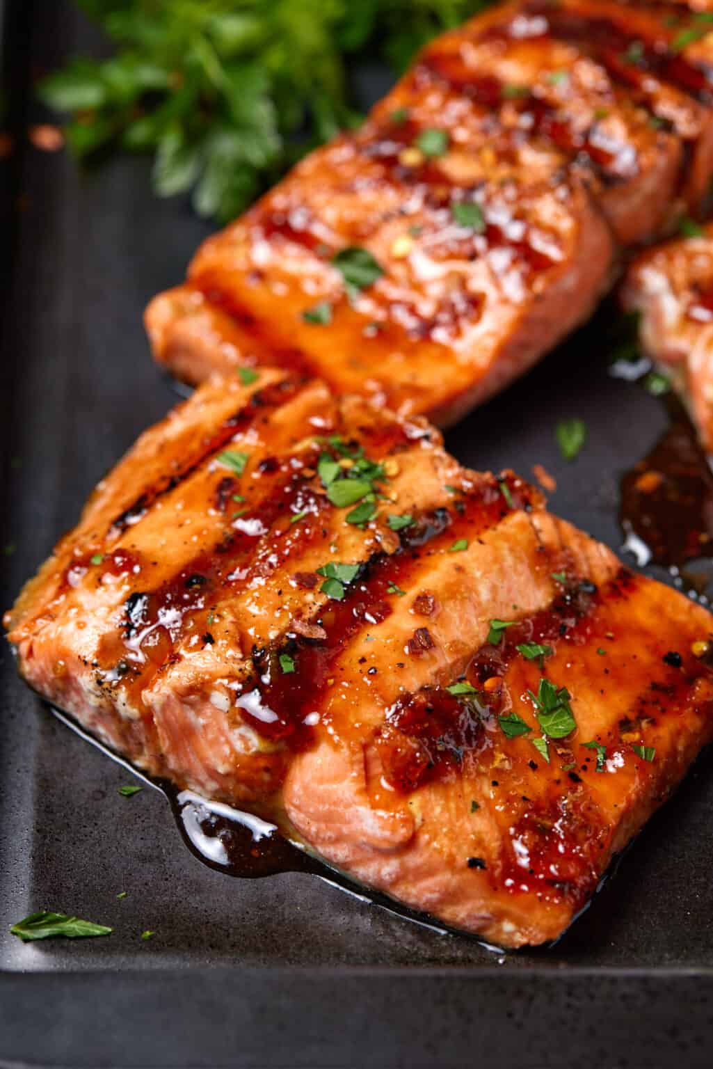 Grilled Sockeye Salmon recipe with Maple Ginger glaze - Garnish with Lemon