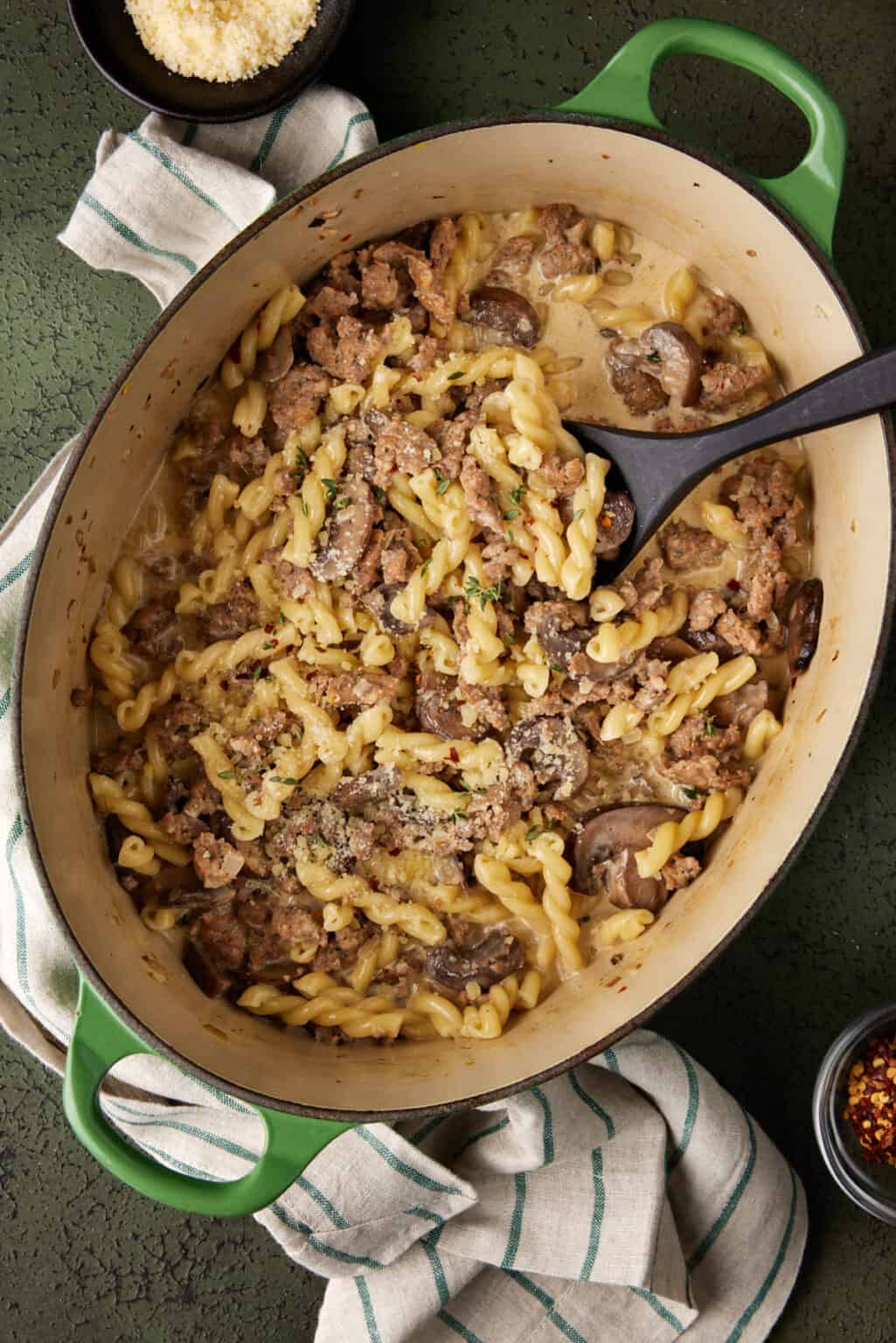 Creamy Sausage Gemelli Pasta - Garnish with Lemon