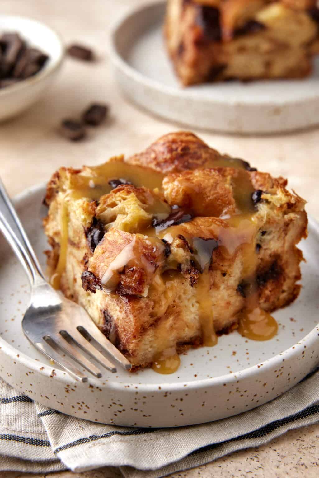 Chocolate Croissant Bread Pudding with Vanilla Sauce Garnish with Lemon