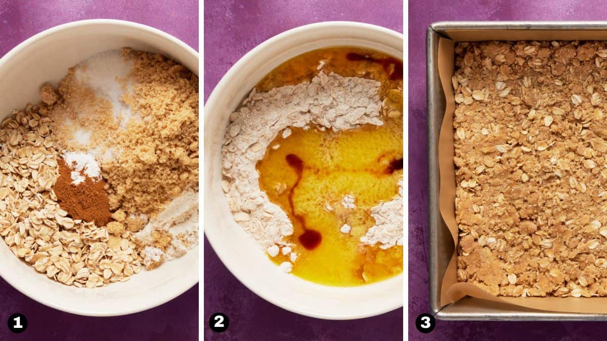 Bowls of flour, oats and butter mixed together to form a crust in a metal baking pan. 