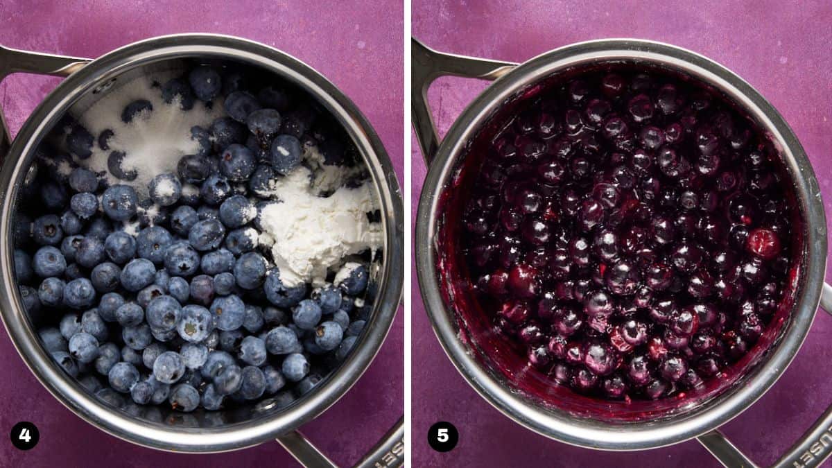 Blueberries and sugar in a saucepan. 