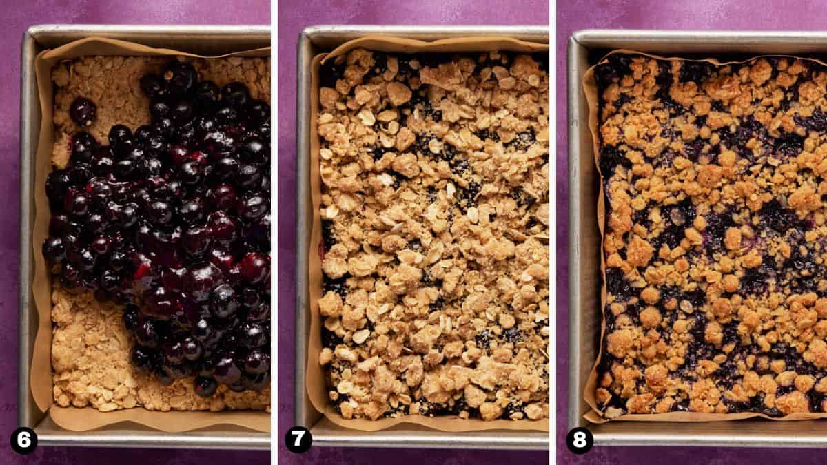 Blueberry Oat Crumble Bars in metal pan before baking and after baking. 