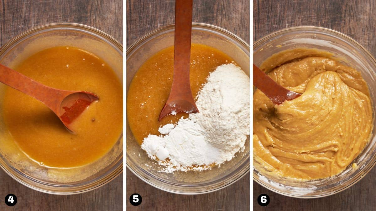 Mixing bowls with butter/sugar mixture and flour.