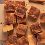 Cut Snickerdoodle bars with cinnamon sugar.