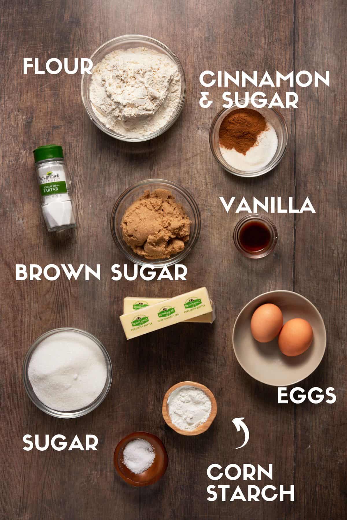 Ingredients needed to make snickerdoodle bars.