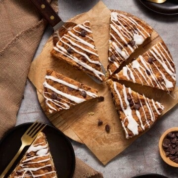 Chocolate chip coffee cake slices on plate.